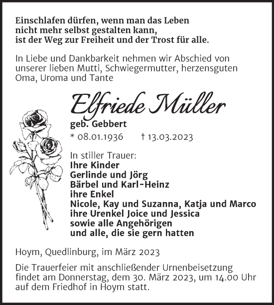Traueranzeige von Elfriede Müller von Trauerkombi Aschersleben