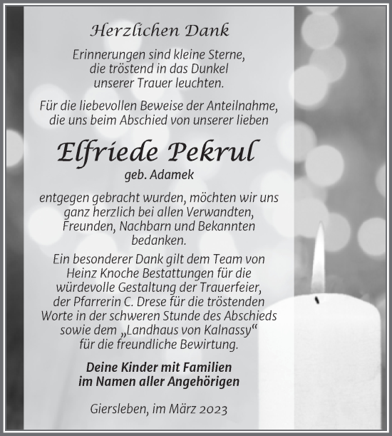 Traueranzeige von Elfriede Pekrul von Trauerkombi Aschersleben