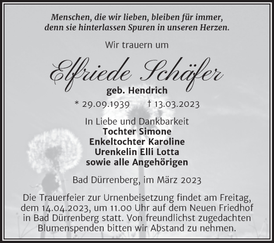 Traueranzeige von Elfriede Schäfer von Trauerkombi Merseburg