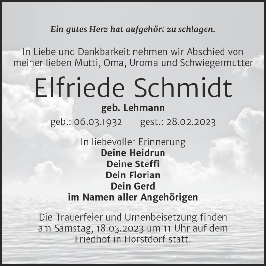 Traueranzeige von Elfriede Schmidt von Trauerkombi Dessau
