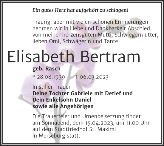 Traueranzeige von Elisabeth Bertram von Trauerkombi Merseburg