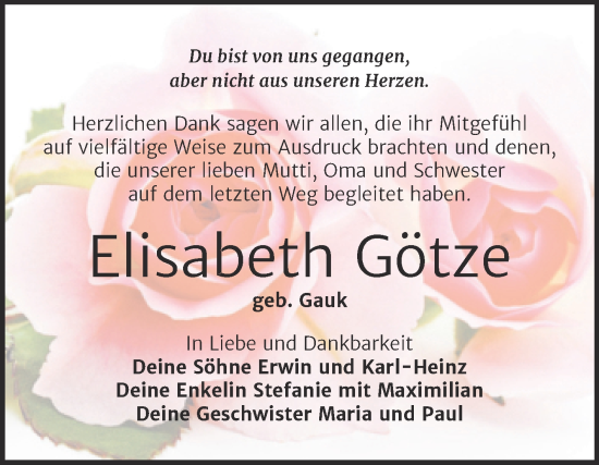 Traueranzeige von Elisabeth Götze von Trauerkombi Wittenberg