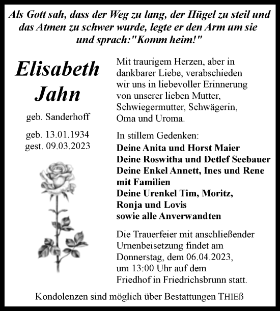 Traueranzeige von Elisabeth Jahn von Trauerkombi Quedlinburg