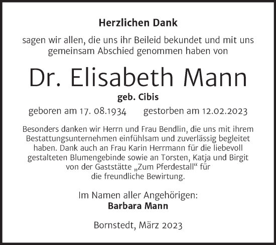 Traueranzeige von Elisabeth Mann von Trauerkombi Mansfelder Land