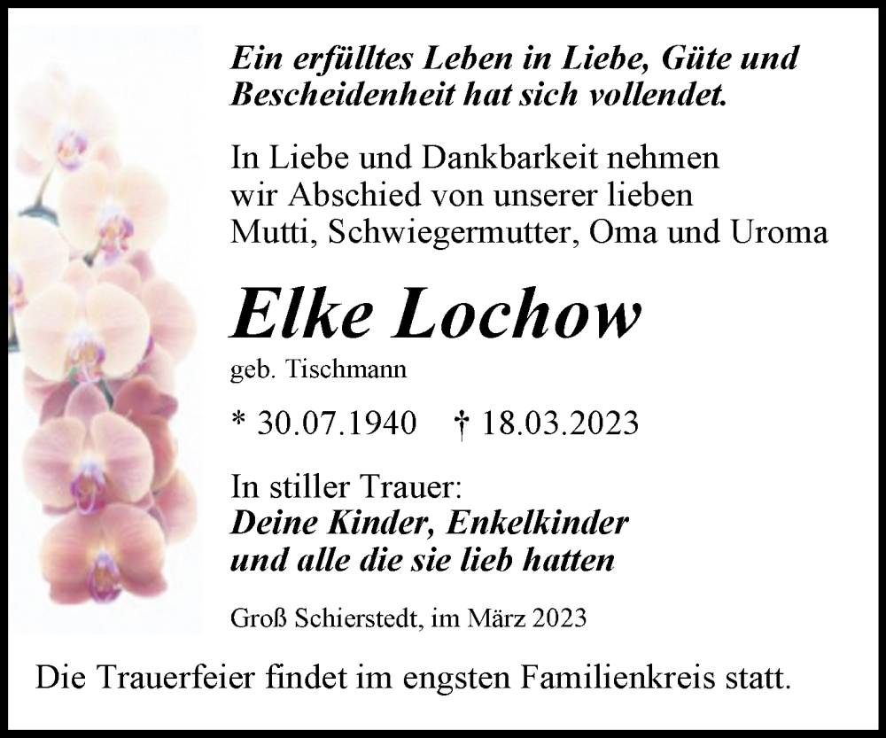  Traueranzeige für Elke Lochow vom 25.03.2023 aus Trauerkombi Aschersleben