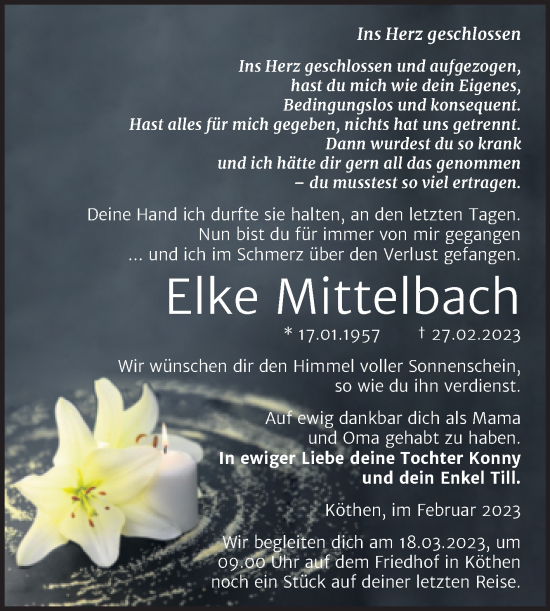 Traueranzeige von Elke Mittelbach von Trauerkombi Köthen