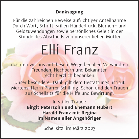 Traueranzeige von Elli Franz von Wochenspiegel Naumburg/Nebra