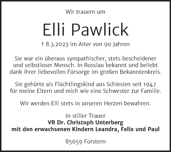 Traueranzeige von Elli Pawlick von Trauerkombi Dessau