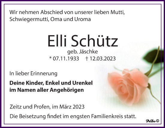 Traueranzeige von Elli Schütz von Trauerkombi Zeitz