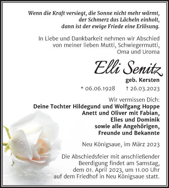 Traueranzeige von Elli Senitz von Trauerkombi Aschersleben