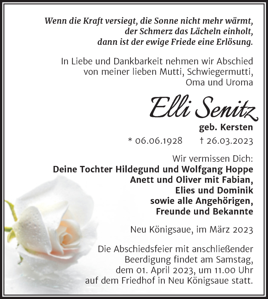  Traueranzeige für Elli Senitz vom 30.03.2023 aus Trauerkombi Aschersleben