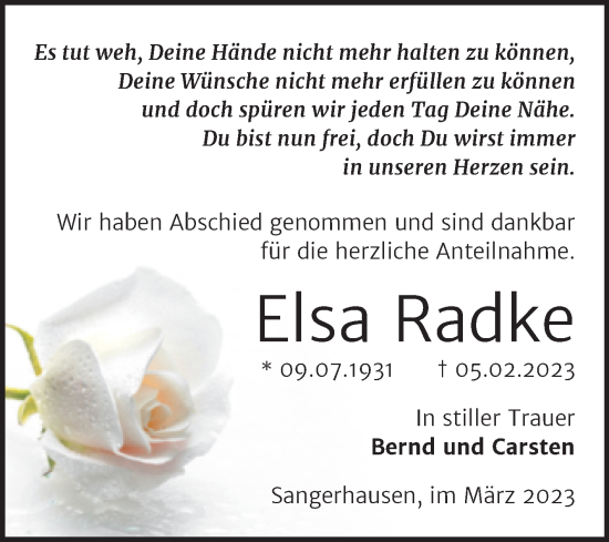 Traueranzeige von Elsa Radke von Trauerkombi Sangerhausen