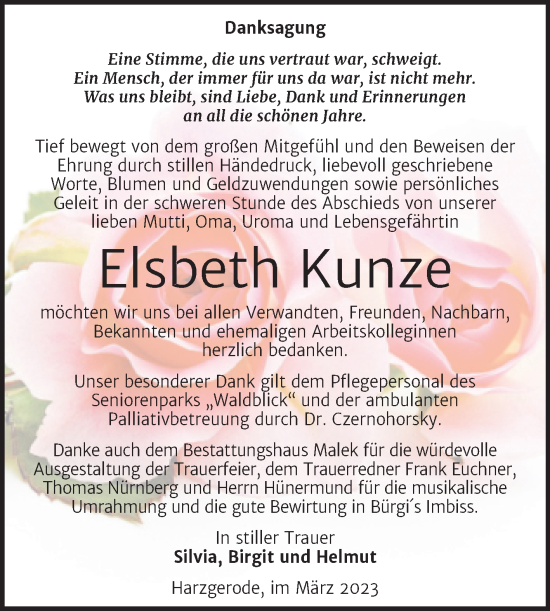 Traueranzeige von Elsbeth Kunze von Trauerkombi Quedlinburg