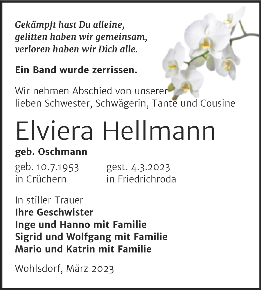  Traueranzeige für Elviera Hellmann vom 11.03.2023 aus Trauerkombi Bernburg