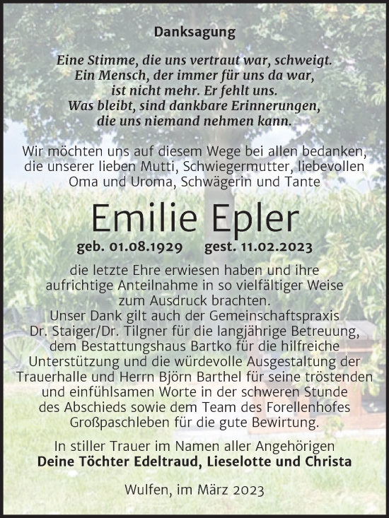 Traueranzeige von Emilie Epler von Trauerkombi Köthen
