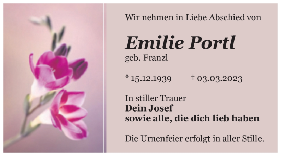 Traueranzeige von Emilie Portl von Trauerkombi Bitterfeld