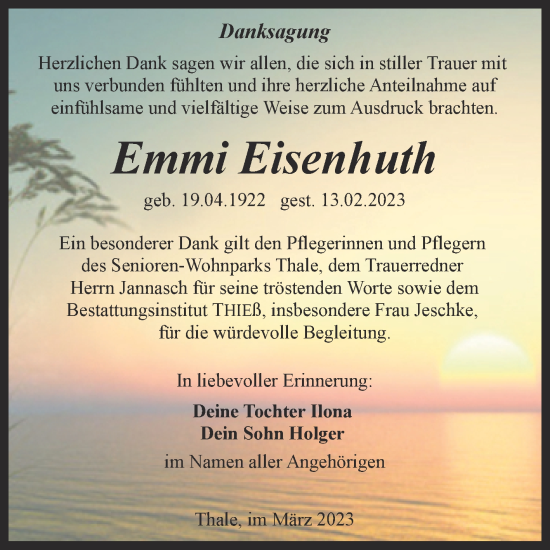 Traueranzeige von Emmi Eisenhuth von Trauerkombi Quedlinburg