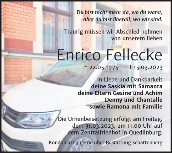 Traueranzeige von Enrico Fellecke von Trauerkombi Quedlinburg