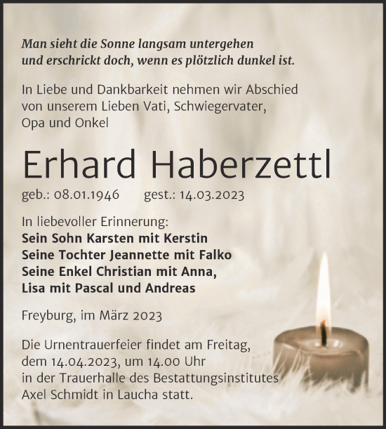 Traueranzeige von Erhard Haberzettl von Wochenspiegel Naumburg/Nebra