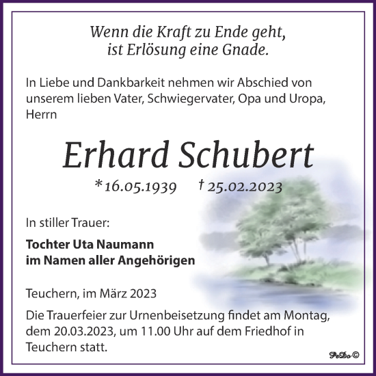 Traueranzeige von Erhard Schubert von Trauerkombi Weißenfels