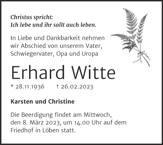 Traueranzeige von Erhard Witte von Trauerkombi Wittenberg