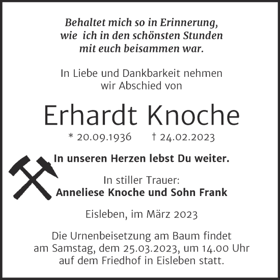 Traueranzeige von Erhardt Knoche von Trauerkombi Mansfelder Land