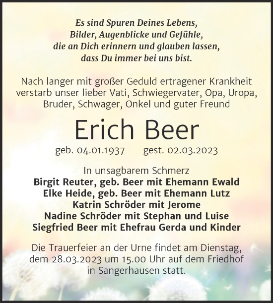Traueranzeige von Erich Beer von Trauerkombi Sangerhausen