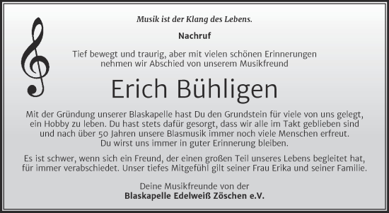 Traueranzeige von Erich Bühligen von Trauerkombi Merseburg
