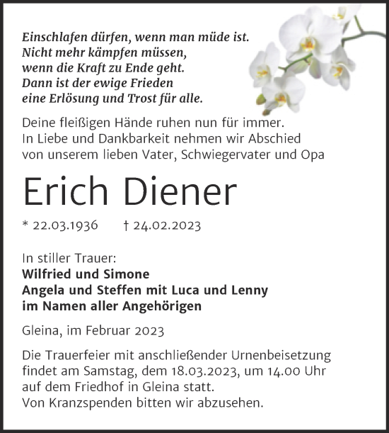 Traueranzeige von Erich Diener von Wochenspiegel Naumburg/Nebra