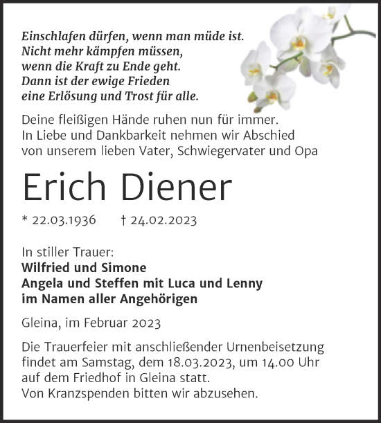 Traueranzeige von Erich Diener von Wochenspiegel Naumburg/Nebra