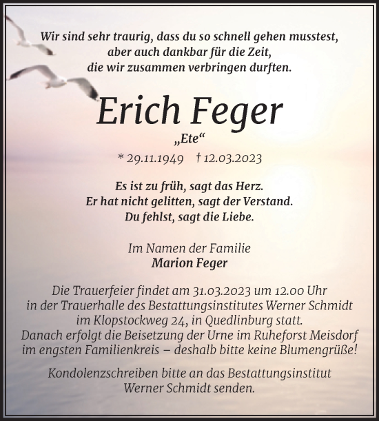 Traueranzeige von Erich Feger von Trauerkombi Quedlinburg