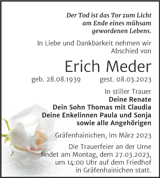 Traueranzeige von Erich Meder von Trauerkombi Wittenberg
