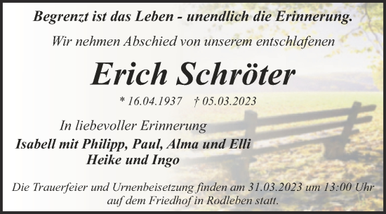 Traueranzeige von Erich Schröter von Trauerkombi Dessau