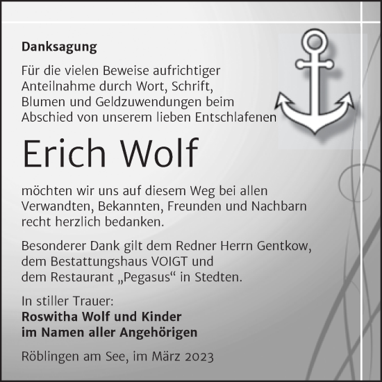 Traueranzeige von Erich Wolf von Trauerkombi Mansfelder Land