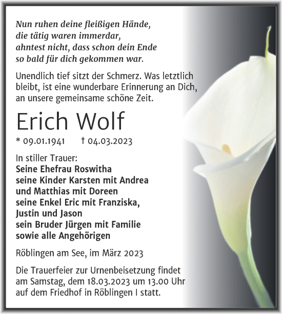 Traueranzeige von Erich Wolf von Trauerkombi Quedlinburg