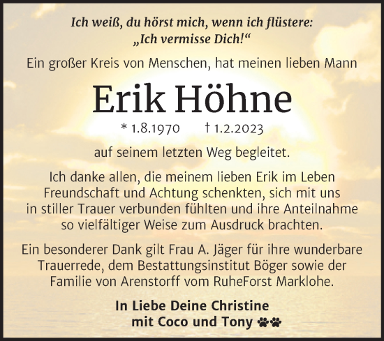 Traueranzeige von Erik Höhne von Trauerkombi Bernburg