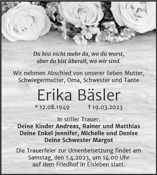 Traueranzeige von Erika Bäsler von Trauerkombi Mansfelder Land