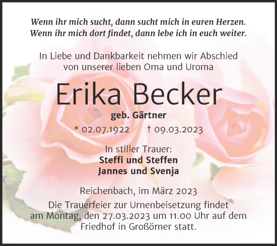 Traueranzeige von Erika Becker von Trauerkombi Mansfelder Land