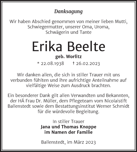 Traueranzeige von Erika Beelte von Trauerkombi Quedlinburg