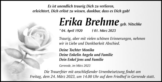 Traueranzeige von Erika Brehme von Trauerkombi Quedlinburg