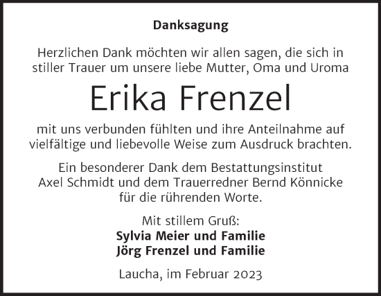 Traueranzeige von Erika Frenzel von Wochenspiegel Naumburg/Nebra