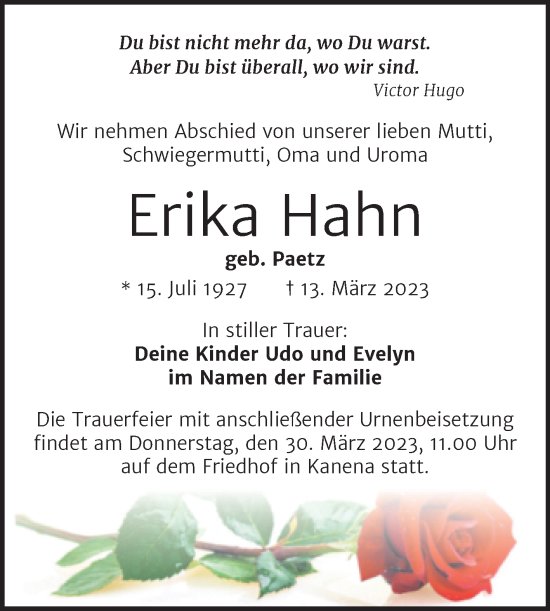 Traueranzeige von Erika Hahn von Mitteldeutsche Zeitung Halle/Saalkreis