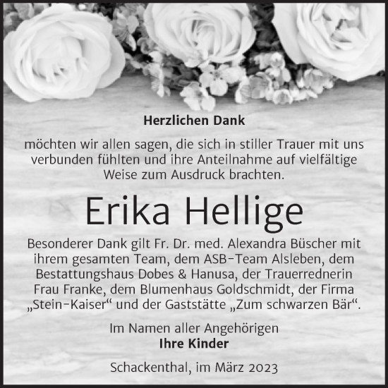 Traueranzeige von Erika Heilige von Super Sonntag Aschersleben