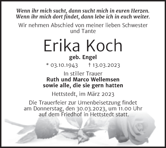 Traueranzeige von Erika Koch von Trauerkombi Mansfelder Land