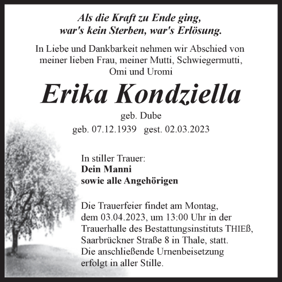 Traueranzeige von Erika Kondziella von Trauerkombi Quedlinburg