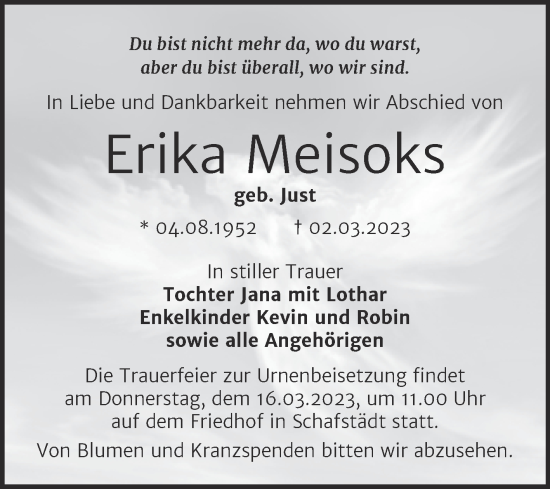 Traueranzeige von Erika Meisoks von Trauerkombi Merseburg