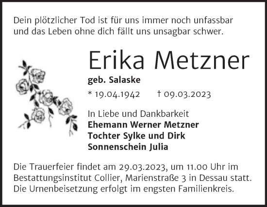 Traueranzeige von Erika Metzner von Trauerkombi Dessau