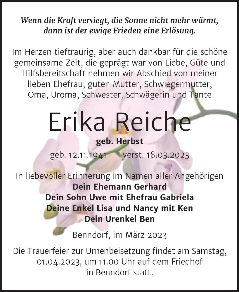  Traueranzeige für Erika Reiche vom 25.03.2023 aus Trauerkombi Mansfelder Land