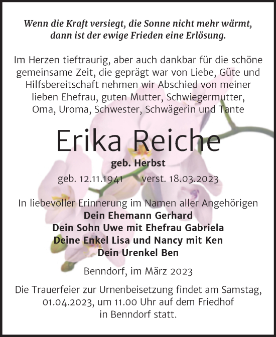 Traueranzeige von Erika Reiche von Trauerkombi Mansfelder Land