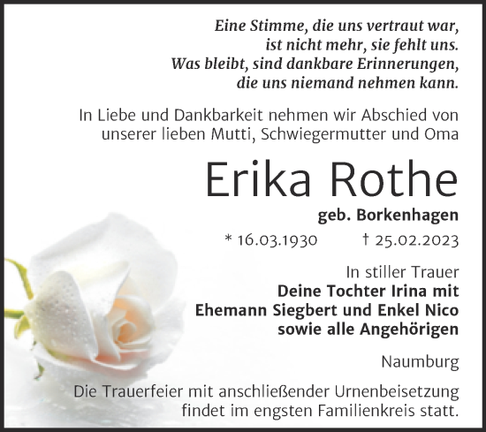Traueranzeige von Erika Rothe von Wochenspiegel Naumburg/Nebra